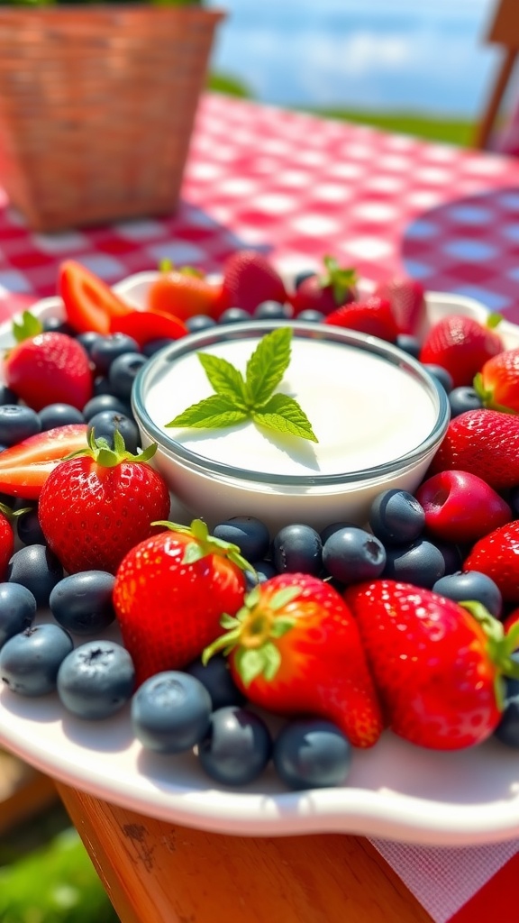 A festive snack platter for 4th of July with strawberries, blueberries, and yogurt dip on a picnic table.
